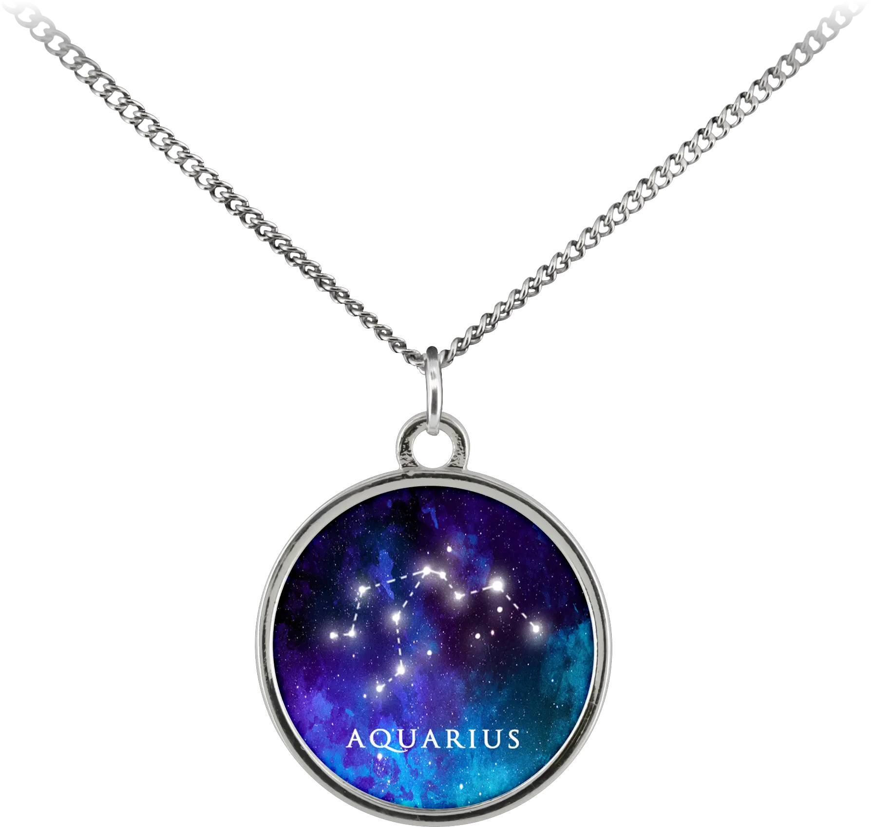 Aquarius Zodiac Sign Starry Night Blue Silver Plated And Crystal Charm Necklace Baby Yoda Necklace Png Starry Night Png