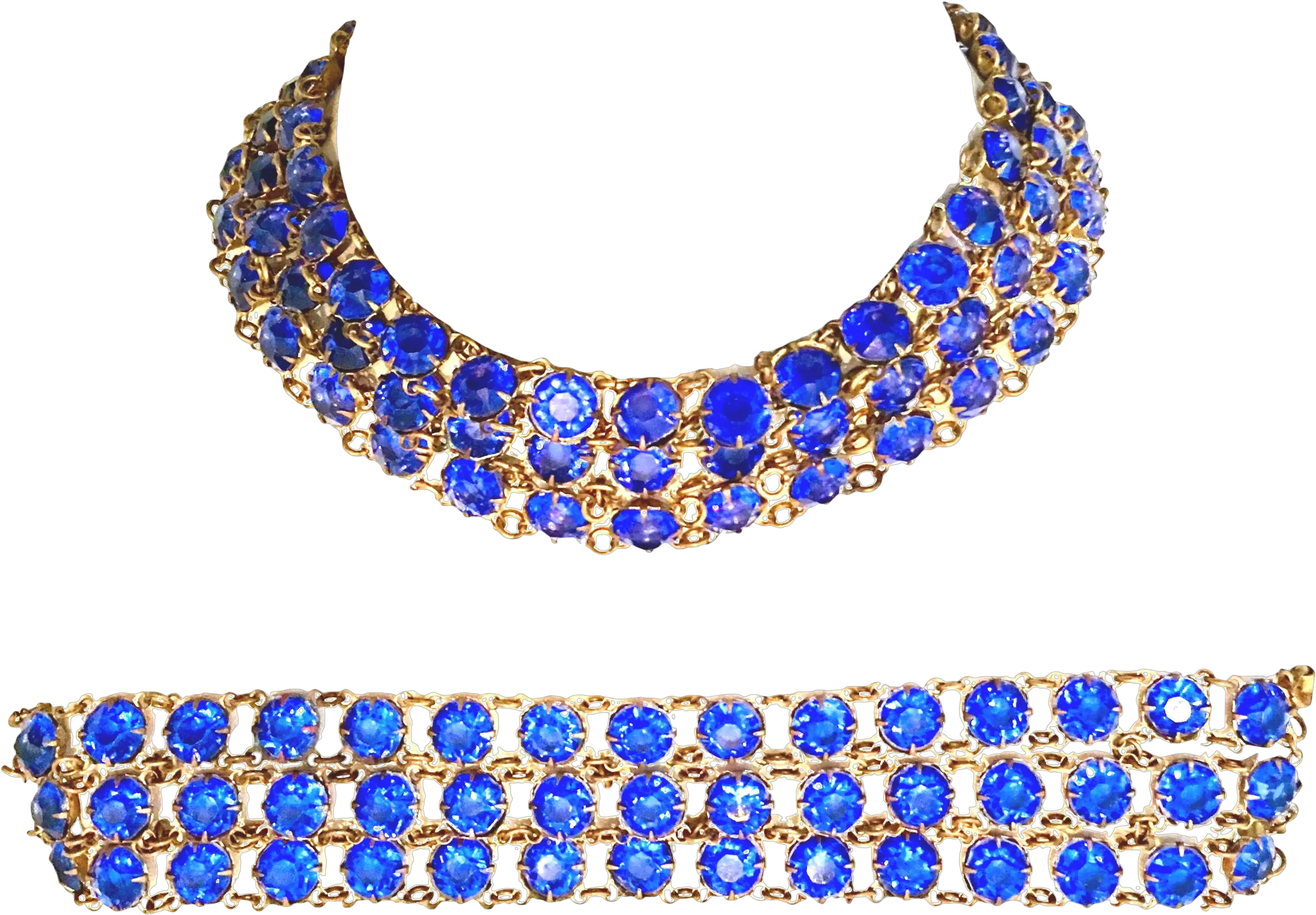 Antique Gilt Gold Sapphire Blue Faceted Glass Choker Necklace U0026 Bracelet Set Of 2 Necklace Png Choker Png