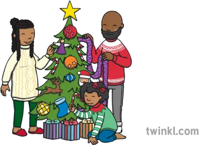 Family Decorating A Christmas Tree Illustration Twinkl Christmas Day Png Cartoon Christmas Tree Png