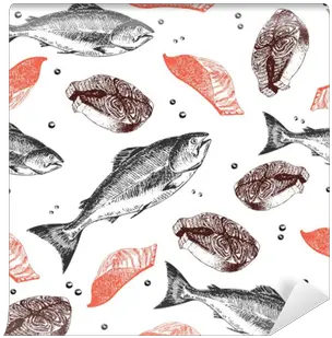 Wall Mural Vector Seamless Pattern Of Seafood Salmon Fish Png Icon