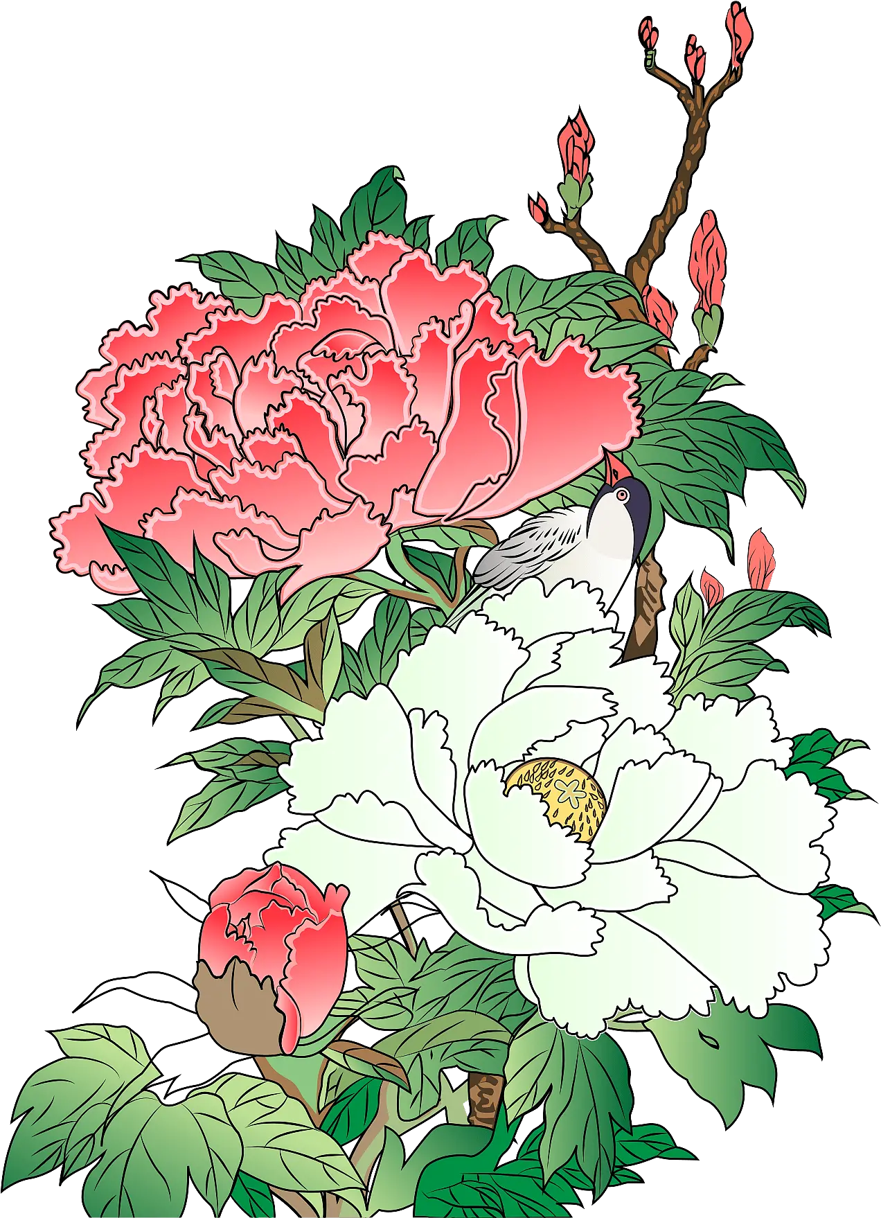 Peony Flower Clipart Estampe Japonaise Oiseau Png Peony Transparent