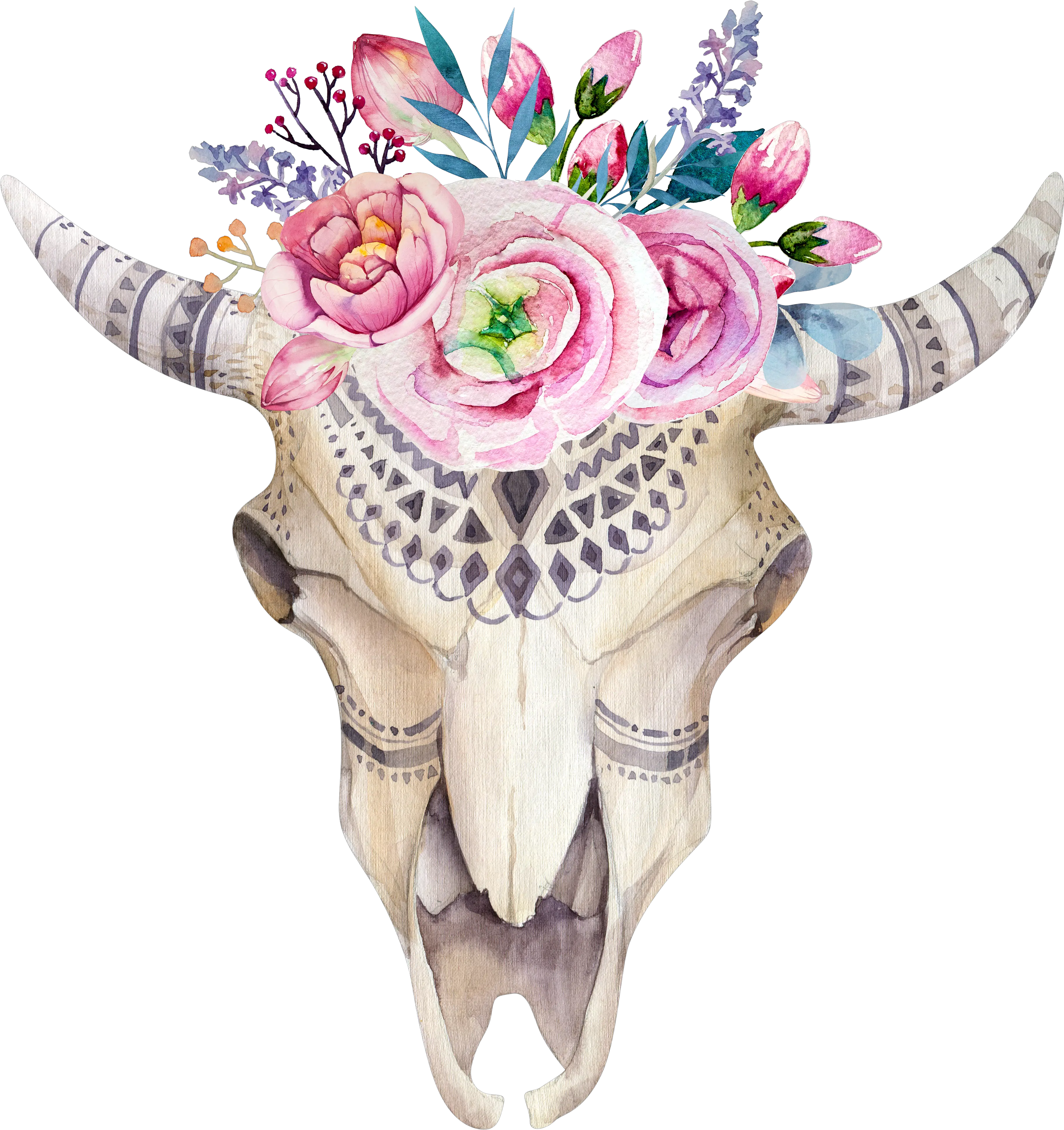 Watercolor Flower Skull Boho Clipart Of Cow Skull With Flowers Png Boho Png