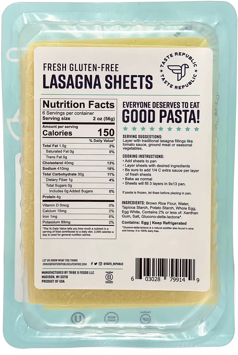 Fresh Gluten Free Lasagna Sheets 6pack Product Label Png Lasagna Icon