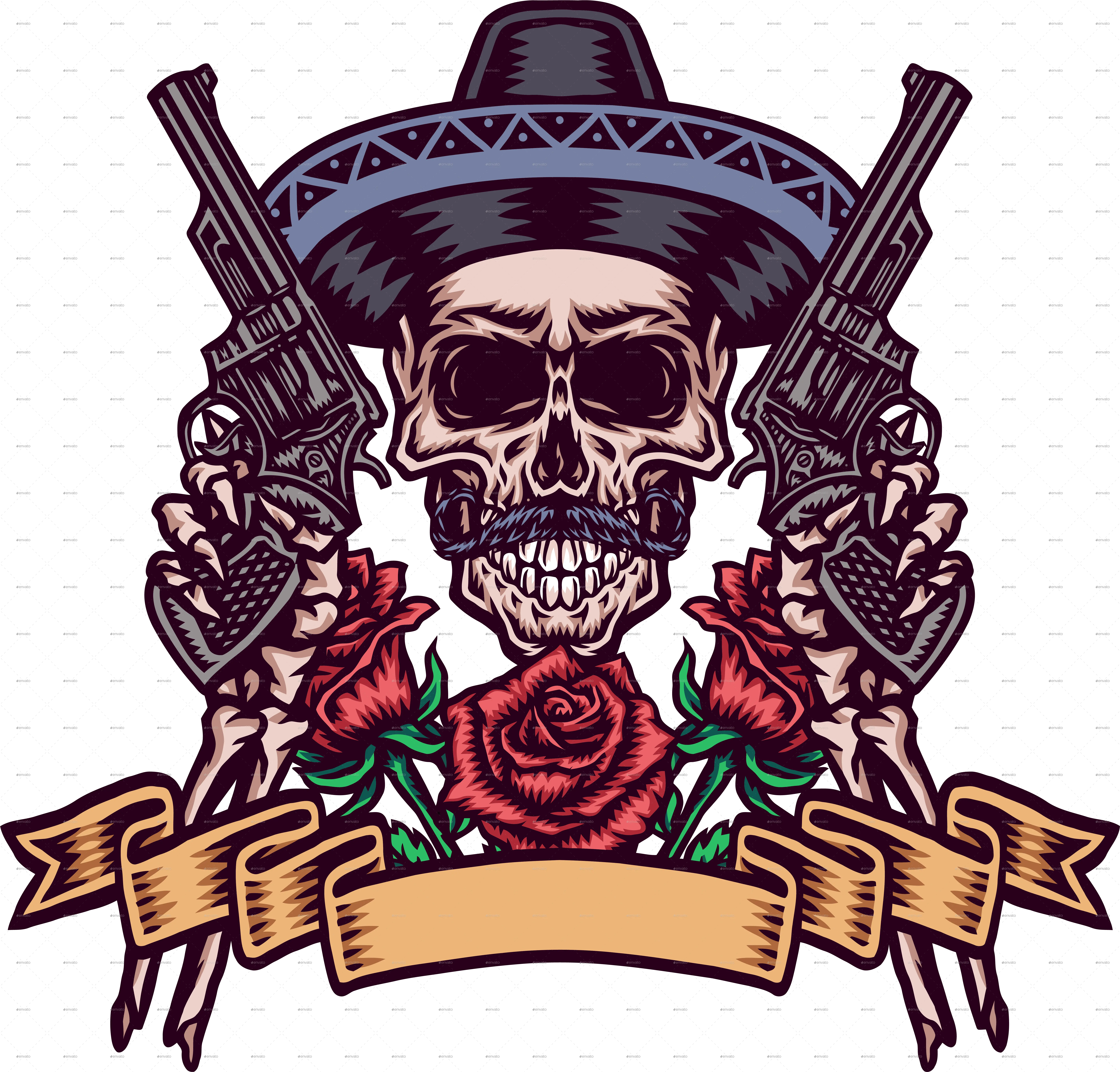 Mexican Skull With Guns Png