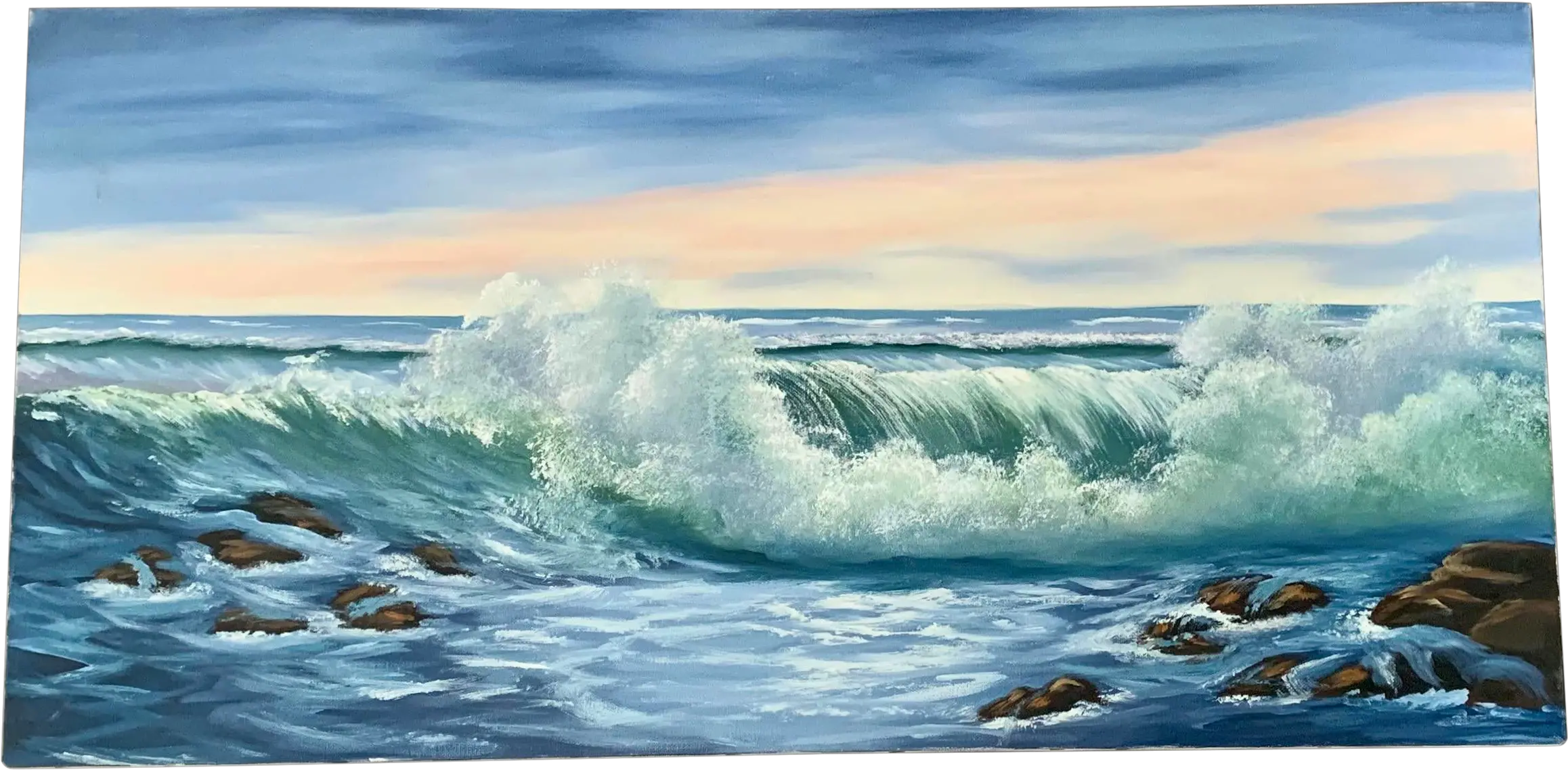 Sunset Ocean Waves Rectangular Seascape Original Acrylic Canvas Painting Acrylic Waves On Cavas Png Ocean Waves Transparent