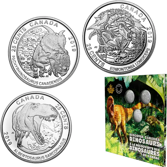 Dinosaurs Of Canada 25 Cent 3coin Set The Royal Canadian Mint Dinosaur Coins Png Cent Png