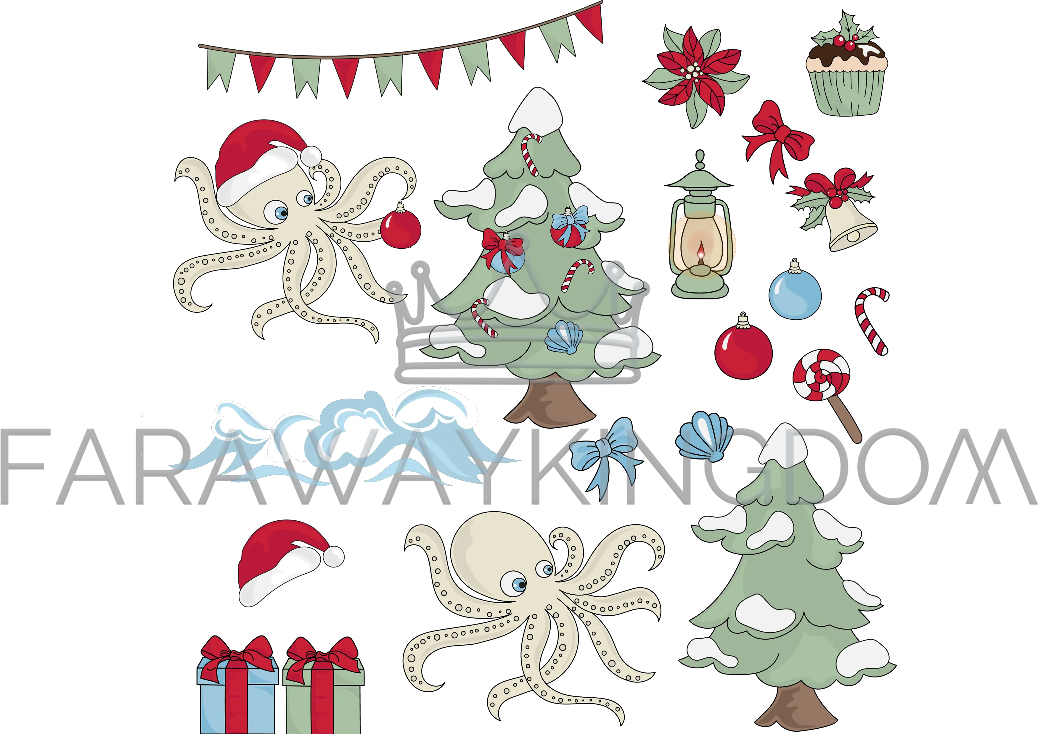 Christmas Octopus Underwater Cartoon Vector Illustration Set Dibujo Pulpo Navidad Png Octopus Transparent Background