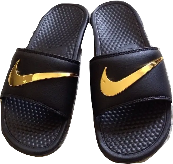 Download Custom Black Nike Sandals With Gold Swoosh Png Nike Slippers Hd Png Nike Swoosh Png