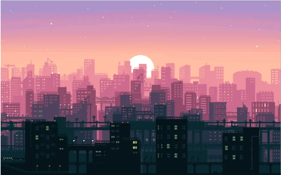 city pixel game sunset background vaporwave freetoedit Cityscape Pixel Art Background png
