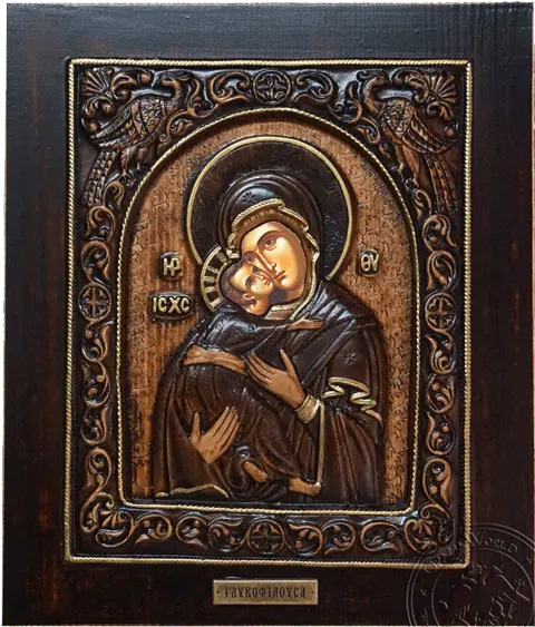 Virgin Mary Glykofilousa Wood Carved Icon Picture Frame Png Peacock Icon