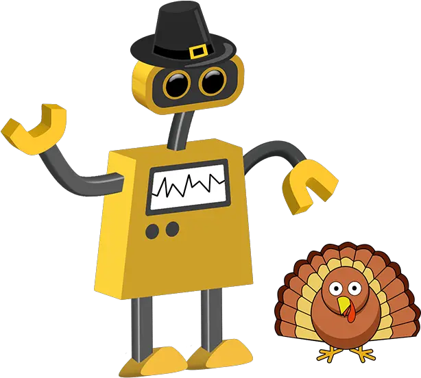 Pilgrim Bot And Turkey Robot Cartoon Gobble Gobble On Thanksgiving Png Pilgrim Hat Transparent