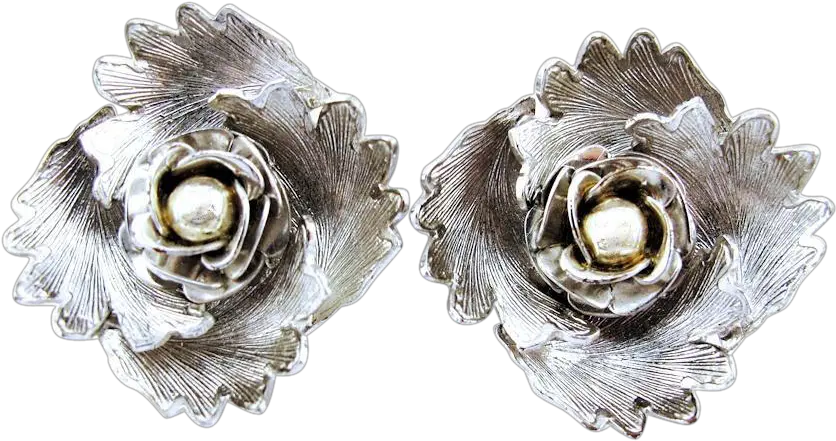 Silver Tone Dimensional Vintage Flower Earrings Solid Png Vintage Rose Png