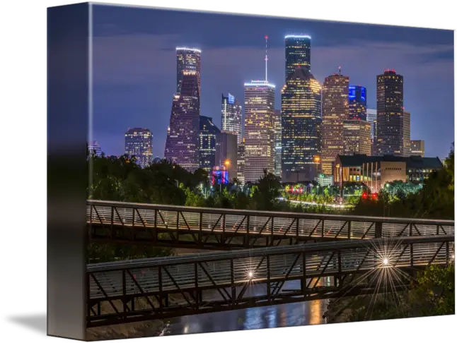 Houston Skyline Over Buffalo Bayou Rosemont Pedestrian Bridge Png Houston Skyline Png