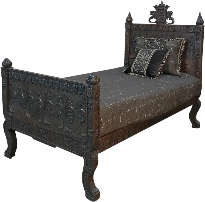 19th Century Italian Gothic Florentine Hand Carved Walnut Bed Png Bed Transparent