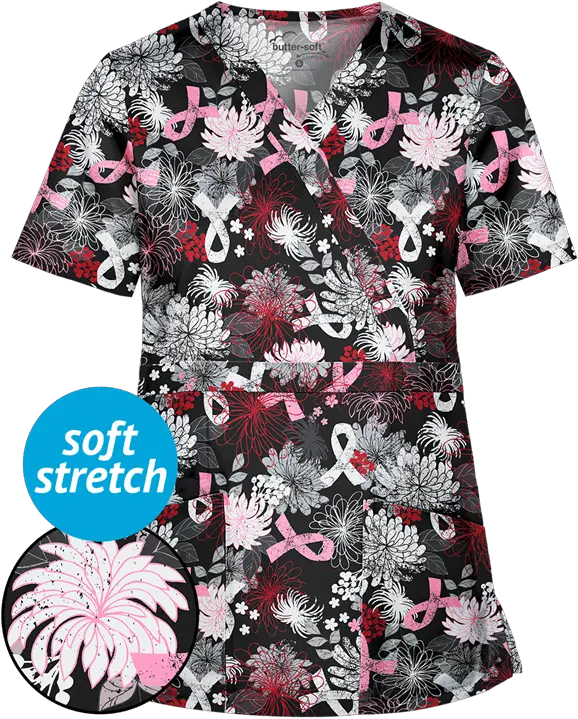 Black Cancer Ribbon Png Ts428pif Breast Cancer Scrubs Au Uniform Advantage Buttersoft Stretch Pink Ribbon Floral Breast Cancer Ribbon Png