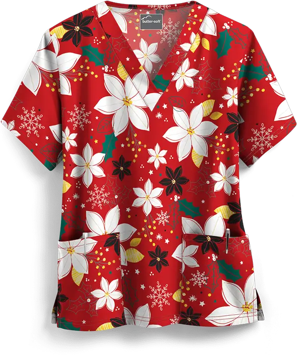 Ua Holiday Poinsettia Red V Neck Print Scrub Top 2x Print Short Sleeve Png Poinsettia Icon