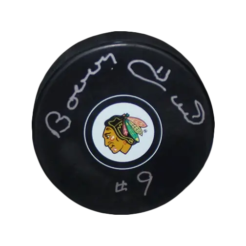 Bobby Hull Autographed Chicago Blackhawks Hockey Puck Label Png Blackhawks Logo Png