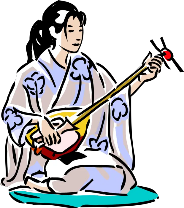 Vector Illustration Of Japanese Geisha In Kimono With Cartoon Image Of A Boy Playing Sitar Png Lute Png