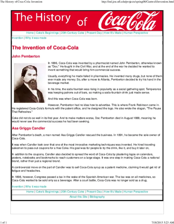 Pdf The History Of Coca Cola Invention Bun Thong Coca Cola Png Coke Logos