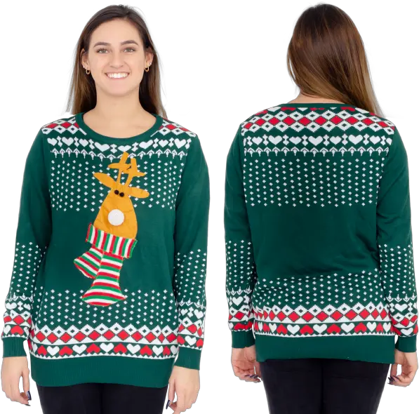 Ugly Christmas Sweater Rudolph Flashing Light Red Nose Reindeer Adult Green Long Sleeve Png Rudolph Nose Png