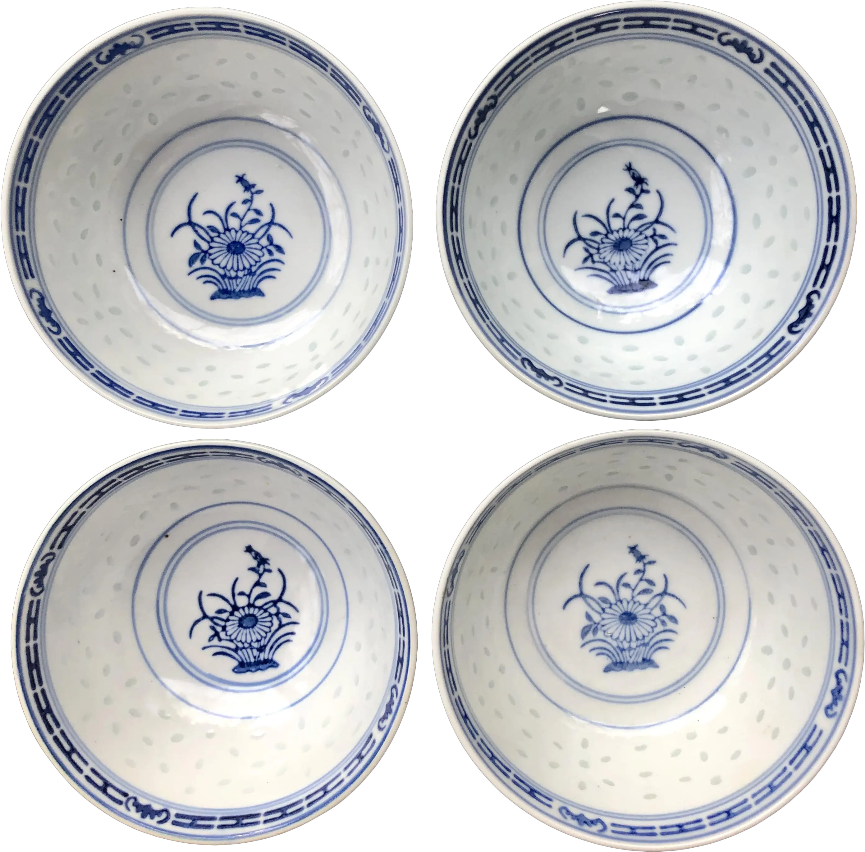 Vintage Chinese Floral Porcelain Translucent Rice Ware Bowls Set Of 4 Blue And White Porcelain Png Rice Transparent