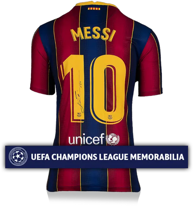 Lionel Messi Official Uefa Champions League Back Signed Fc Barcelona 2020 21 Home Shirt Unicef Uk Png Barcelona Fc Logo Icon