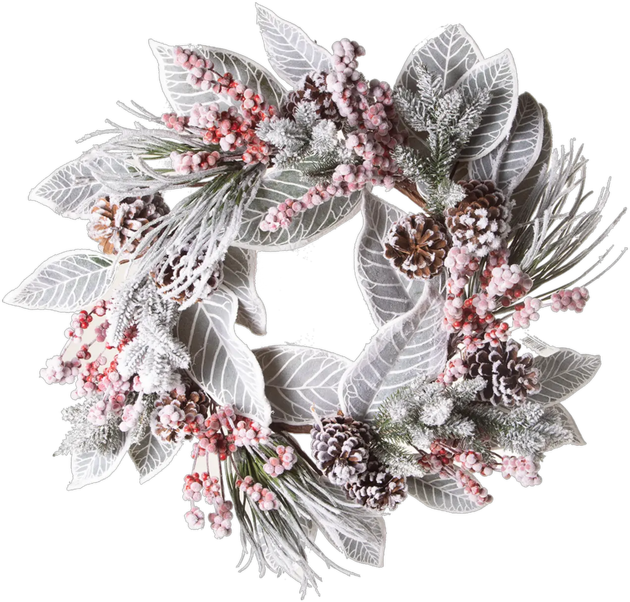 Snow Berry Cone Pine Magnolia Leaf Wreath 24 Round Wreath Png Leaf Wreath Png