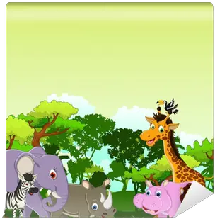 Animal Cartoon With Tropical Forest Background Wall Mural U2022 Pixers We Live To Change Animated Animals In Forest Png Forest Background Png