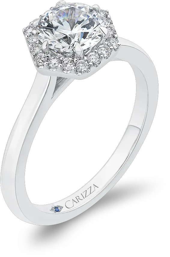 14k White Gold Round Diamond Hexagon Shape Halo Engagement Ring Semi Mount Ring Png Hexagon Shape Png