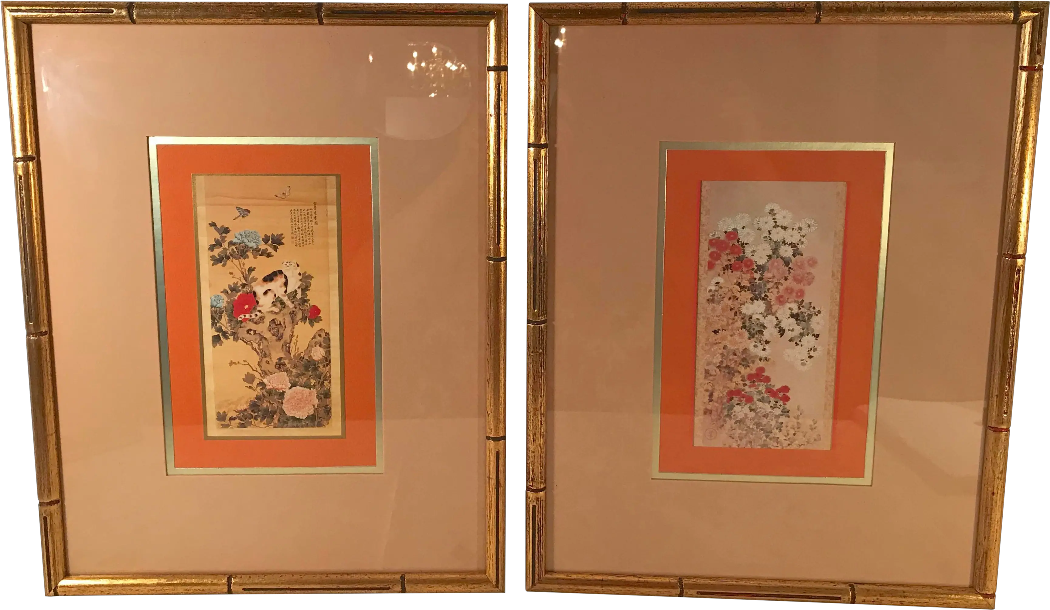 Vintage Japanese Wall Hangings In Gold Faux Bamboo Frames A Pair Chrysanthemums By Master Of Seal Png Bamboo Frame Png