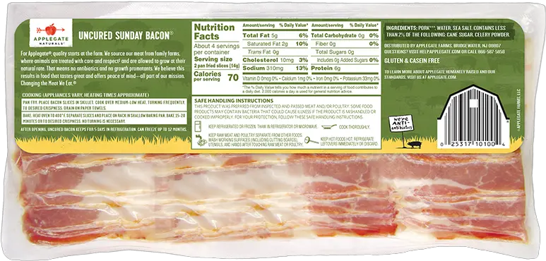 Products Bacon Natural Sunday Bacon Applegate Applegate Naturals Uncured Sunday Bacon Png Bacon Transparent