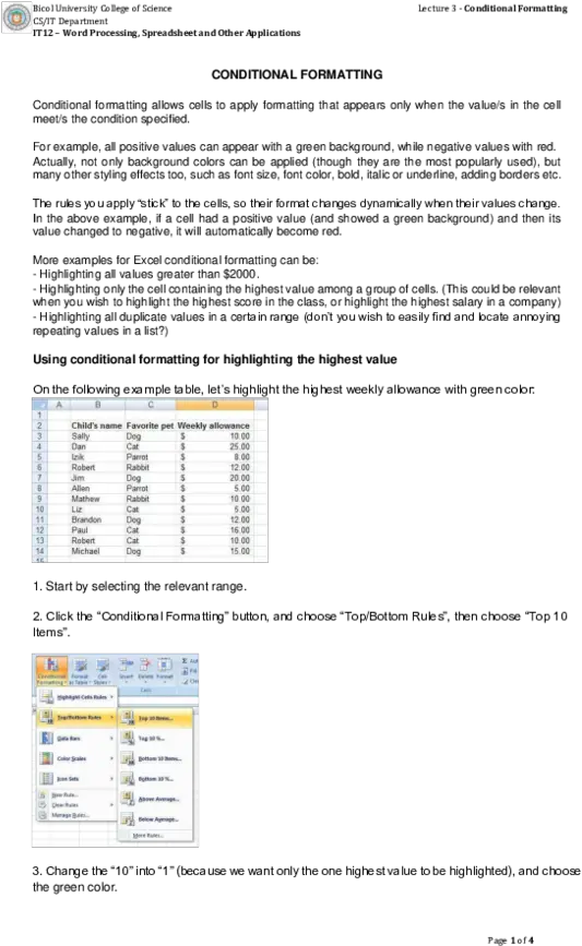 Pdf Lecture 3 Conditional Formatting Harry West Document Png Format Painter Icon